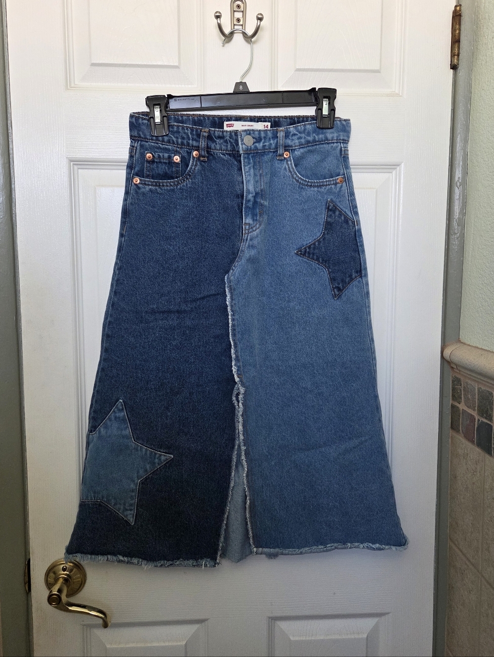 Levi's Two-Tone Blue Denim Skirt with Star Patches Western Cowgirl Rodeo 14 Girl